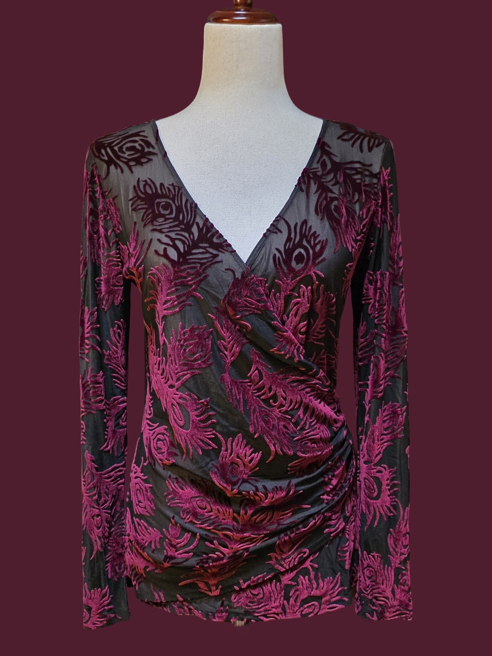 Karen Kane Burgundy Red Velvet Black Mesh Burnout Peacock Feather Top